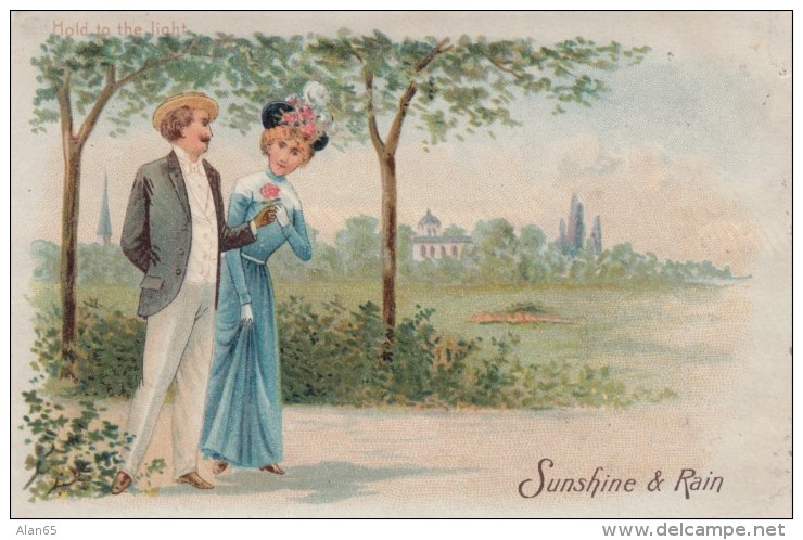 Sunshine &amp; Rain, Romance Couple Theme, Rain Couple Huddled Under Umbrella Appear In Light, C1900s Vintage Postcard - Hold To Light