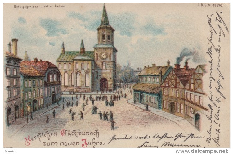 Prosit Neujahr In Sky, Good Luck In New Year Town Square Scene, Windows Light Up, C1900s Vintage Postcard - Hold To Light