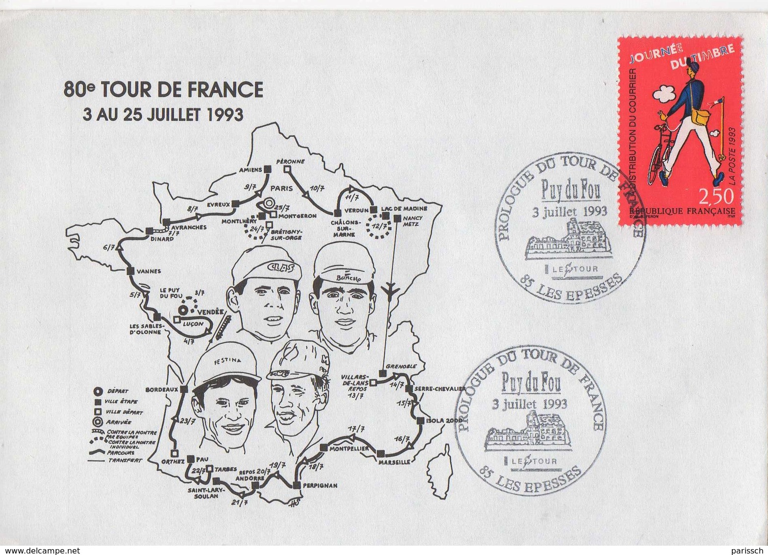 ENVELOPPE SOUVENIR  DU 80E TOUR FRANCE 1993 - PROLOGUE 3 JUILLET PUY DU FOU - Radsport