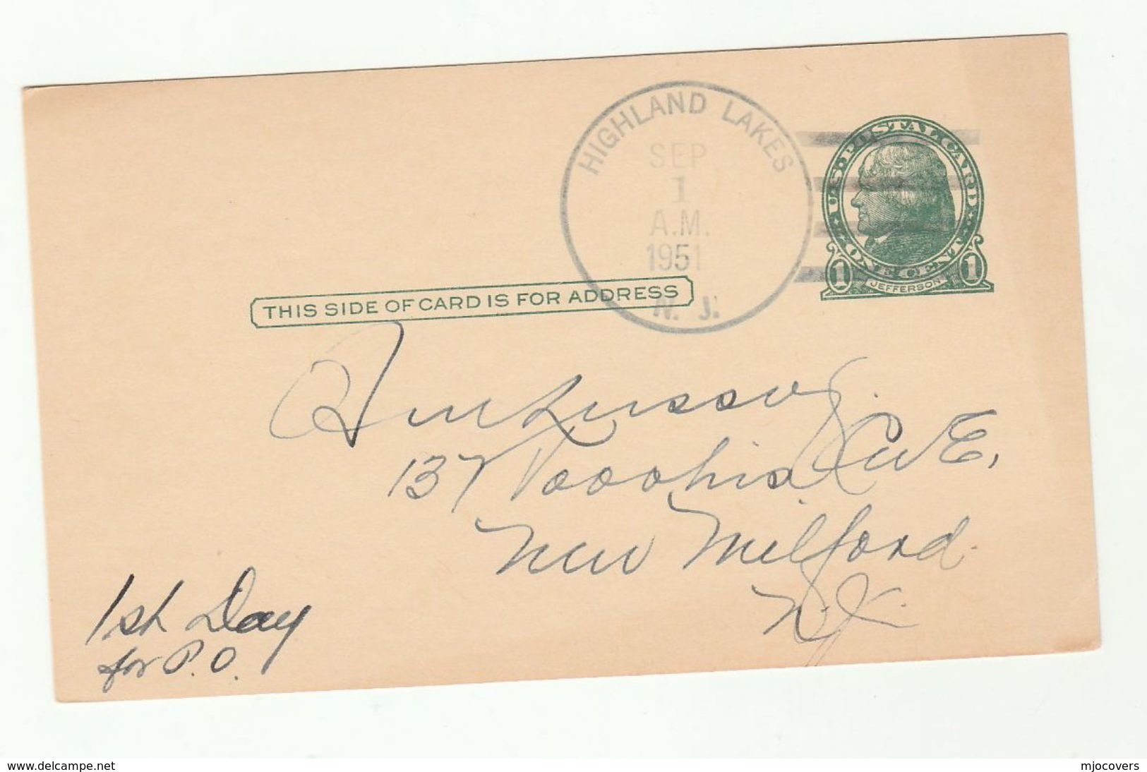 1951 Highland Lakes Nj 1st Day Of POST OFFICE Postal Stationery Card Cover Stamps USA - 1941-60