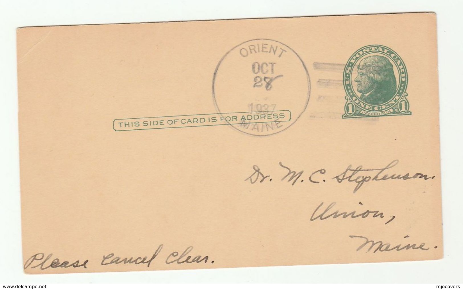 1937 Orient Maine USA Postal STATIONERY Card Cover Stamps - 1921-40