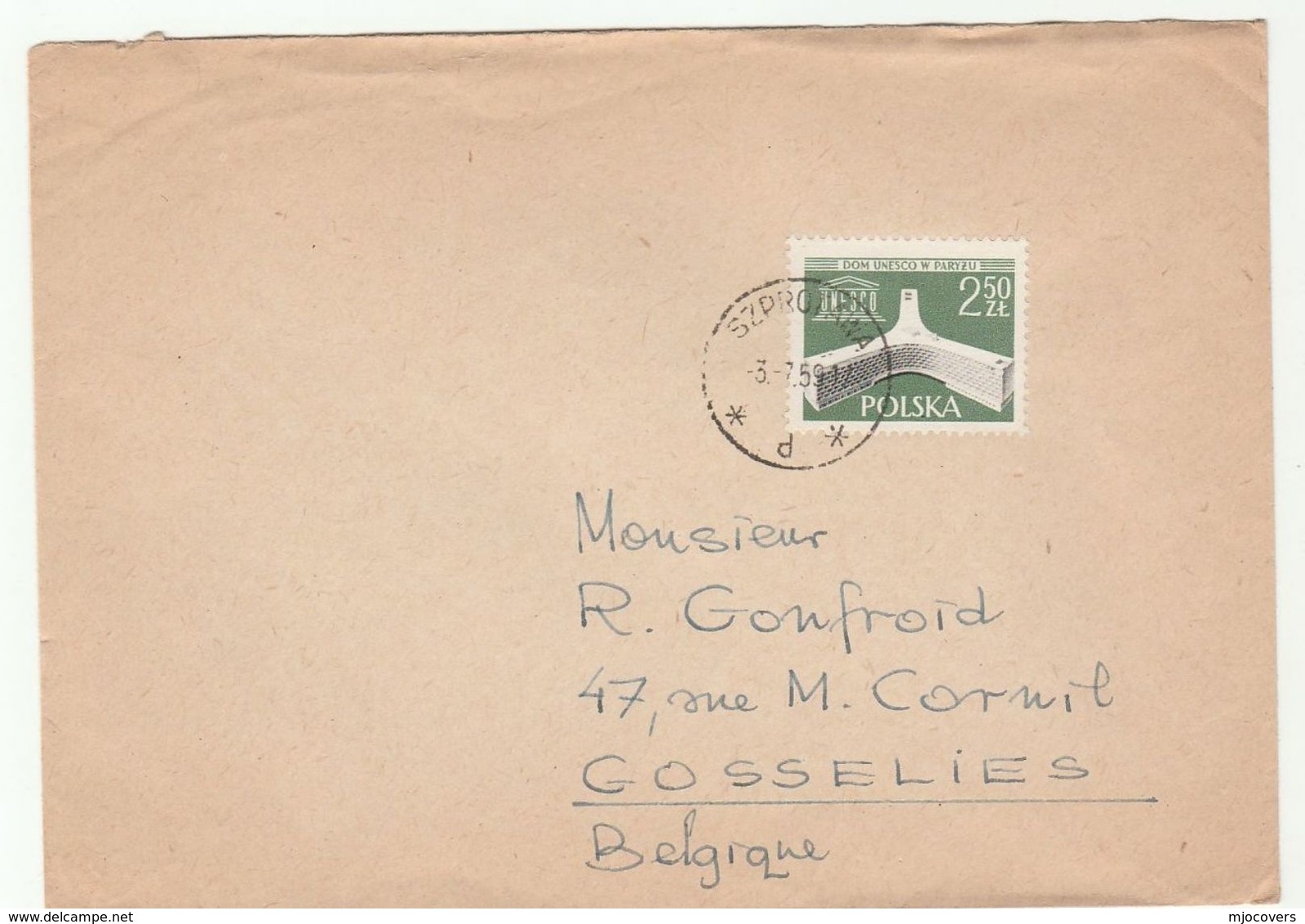 1959 Szprotawa POLAND COVER UNESCO  Stamps To Belgium Un United Nations - Covers & Documents