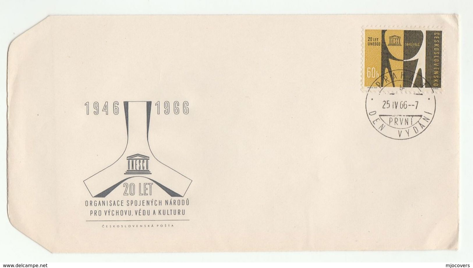 1966 CZECHOSLOVAKIA FDC UNESCO Stamps Cover Un United Nations - FDC