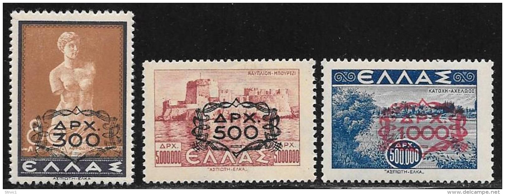 Greece, Scott # 477-9 MNH Various Subjects Surcharged, 1946 - Unused Stamps