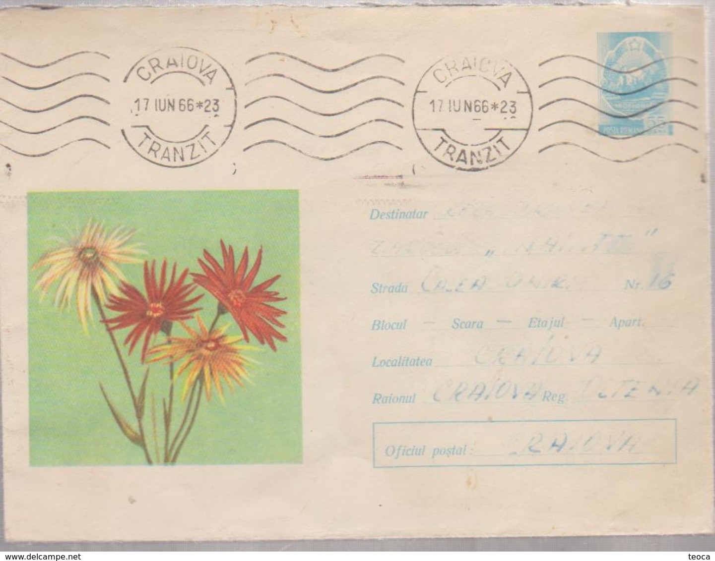PLANT FLOWER, Cover Envelope ROMANIA 1966 COVER STATIONERY,POSTAL STATIONERY ROMANIA 1966, CANCEL  CRAIOVA - Cartas & Documentos