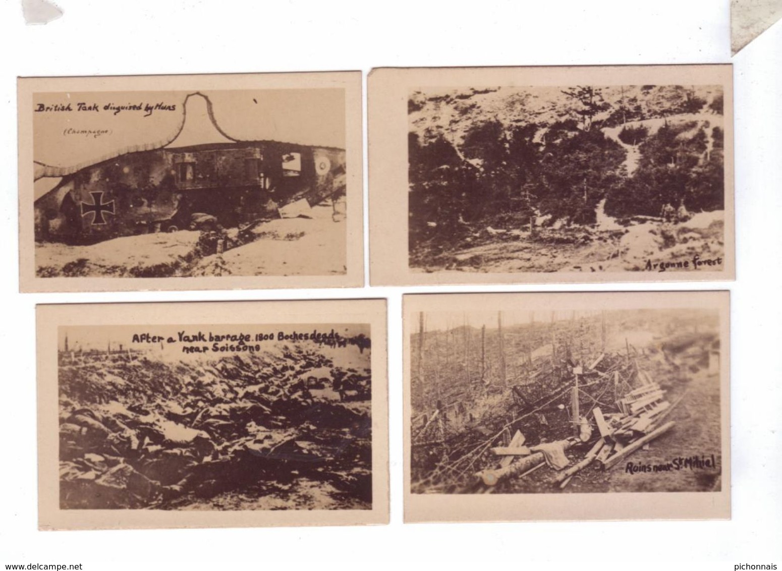 GUERRE 14 18 MINI Carte photo 4,5 cm par 7 cm Destruction Morts Canon Avion Belleau cimetiere allemand