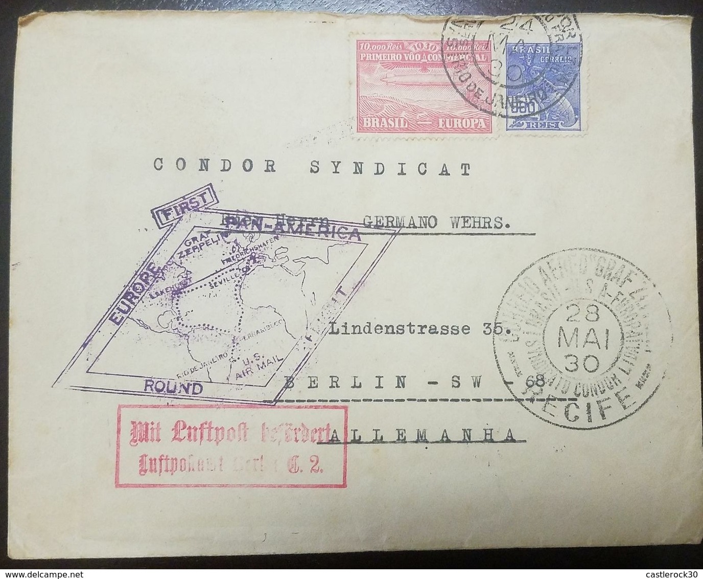 O) 1930 BRAZIL, GRAF ZEPPELIN, 10.ooo REIS ZEPPELIN-BRAZIL EUROPA, FIRST COMMERCIAL FLIGHT-MERCURY, FIRST PAN AMERICA RO - Covers & Documents