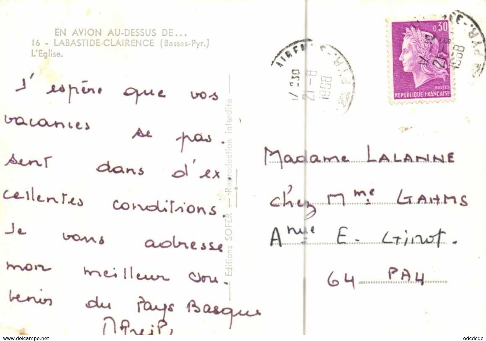 CPSM Grand Format EN AVION AU DESSUS DE ... LABASTIDE CLAIRENCE (Basses Pyr) L' Eglise Cimetière Et Village Recto Verso - Autres & Non Classés