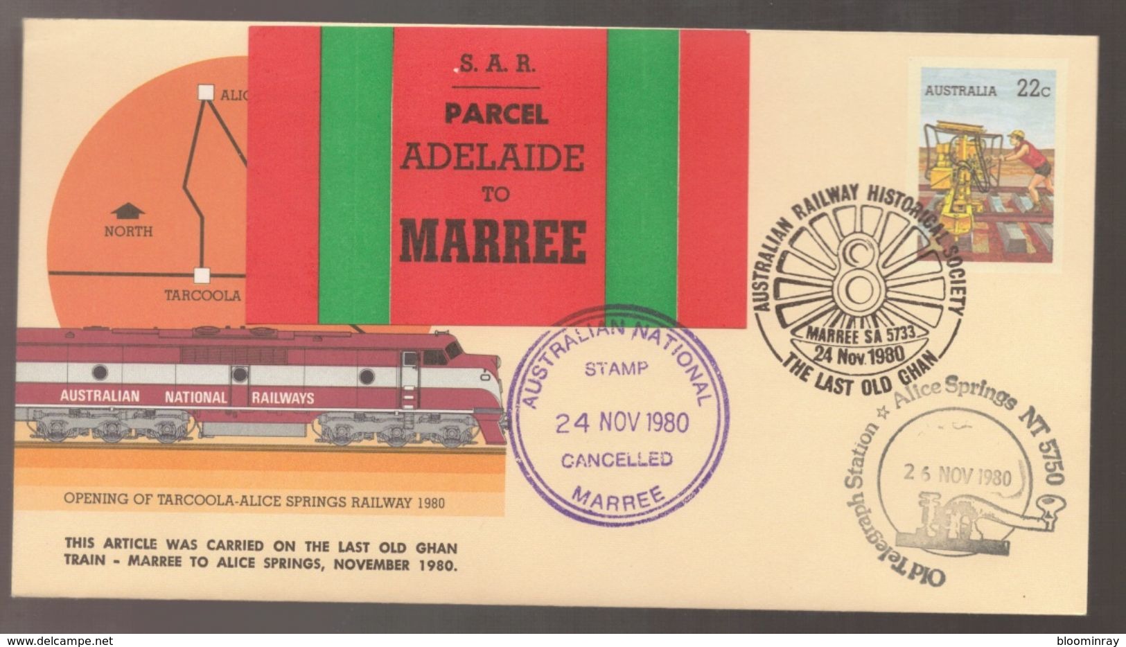 The GHAN  Marree - Alice Springs RAILWAY Train Cover With Parcel Sticker And Multiple Cancels - Ersttagsbelege (FDC)