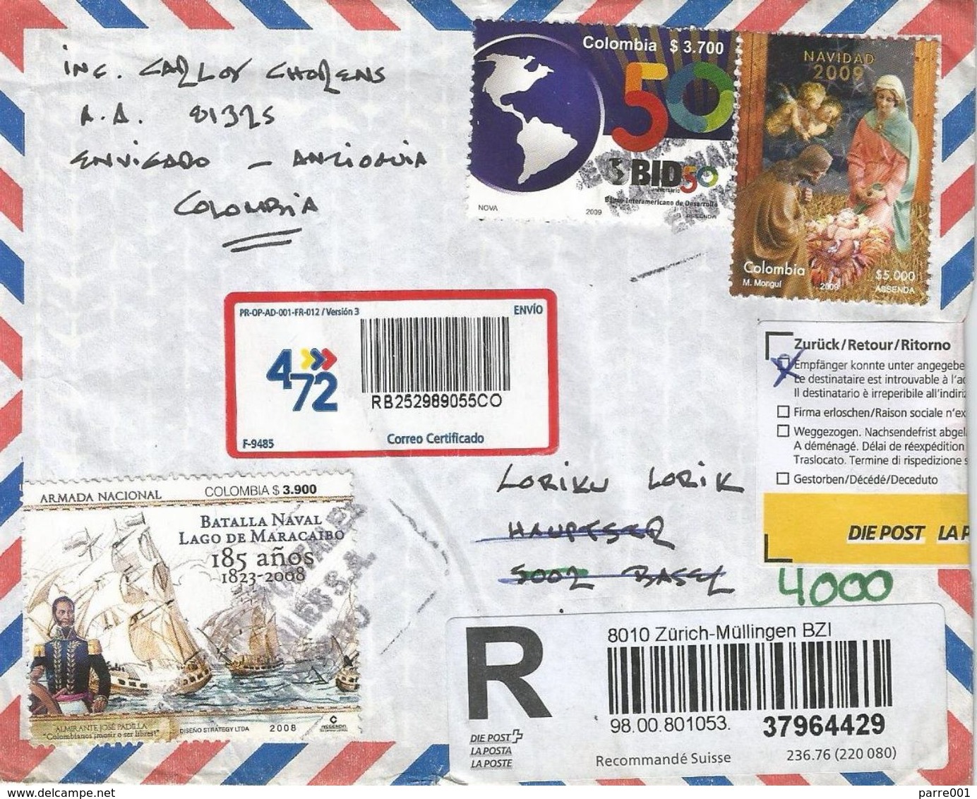 Colombia 2010 Envigado Naval Battle Bank Christmas Returned Registered Cover From Zürich Switzerland - Colombia