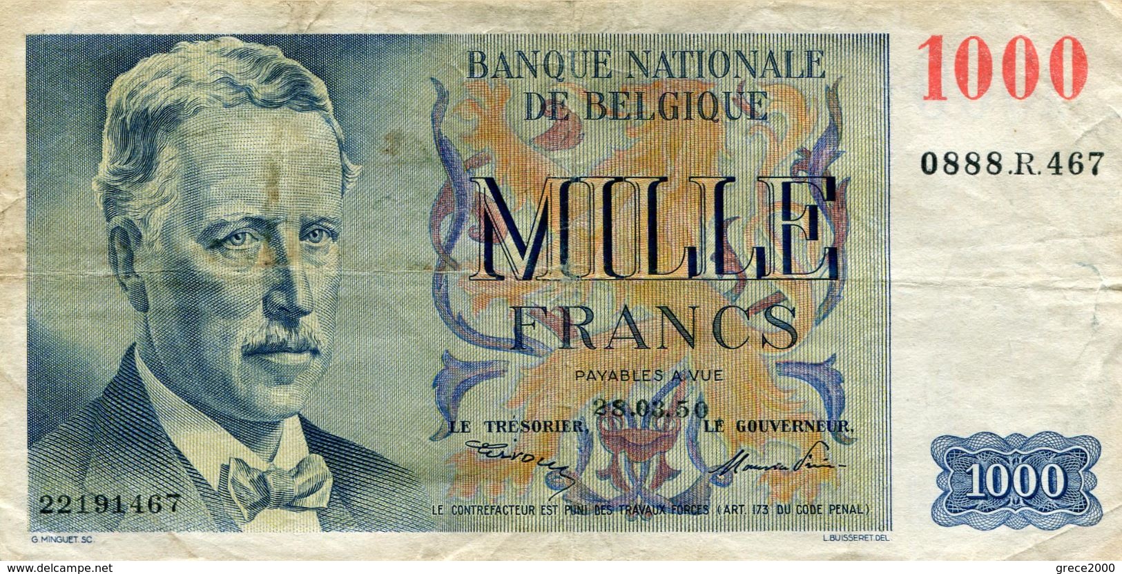 Billet  De 1000 Francs  Du 28.03.50  N°0888 R 467 Circulé - 1000 Francs