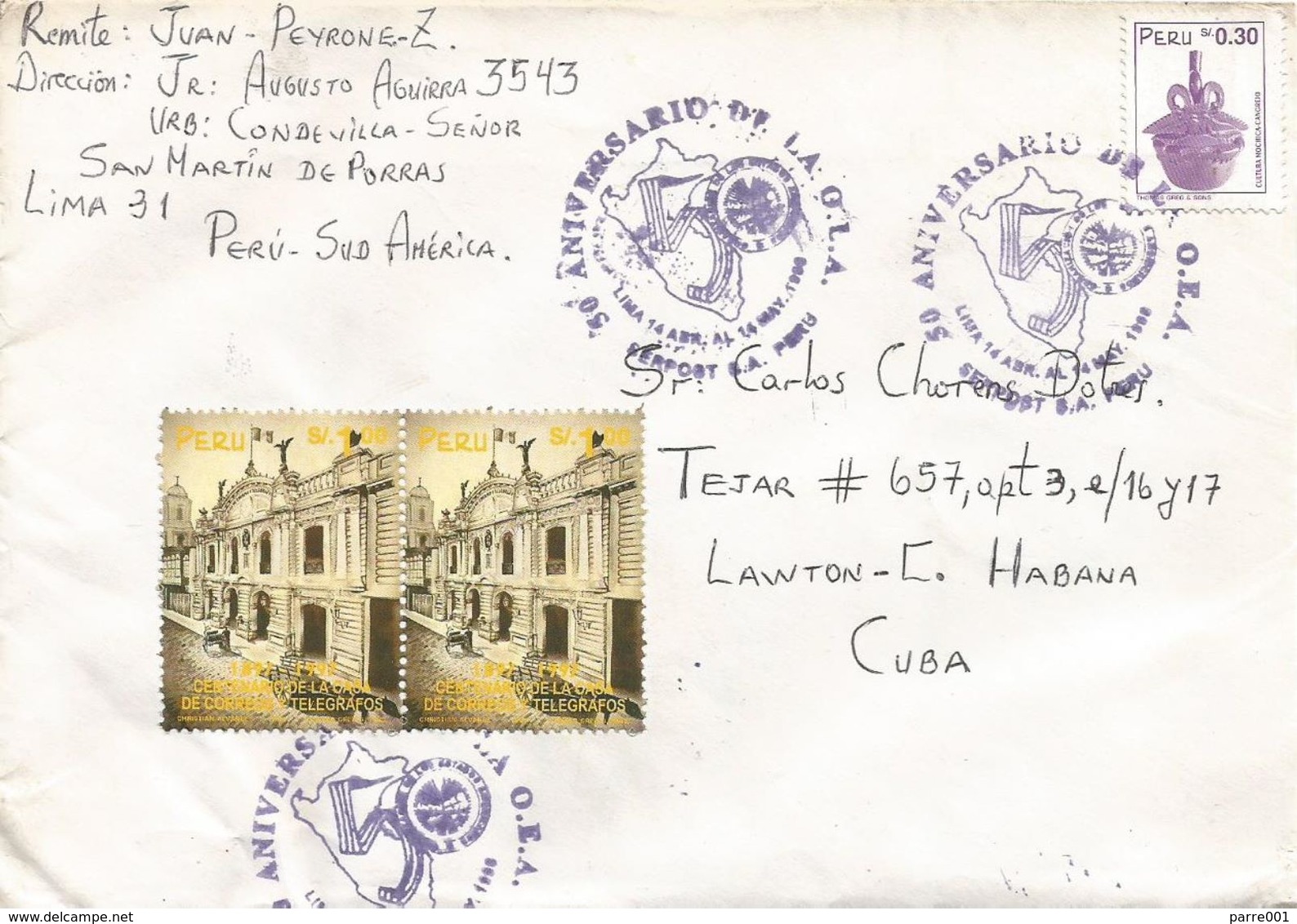Peru 1998 Lima Postal Service Handstamp Organisation Of Amercican States Pottery Drum Cover - Peru