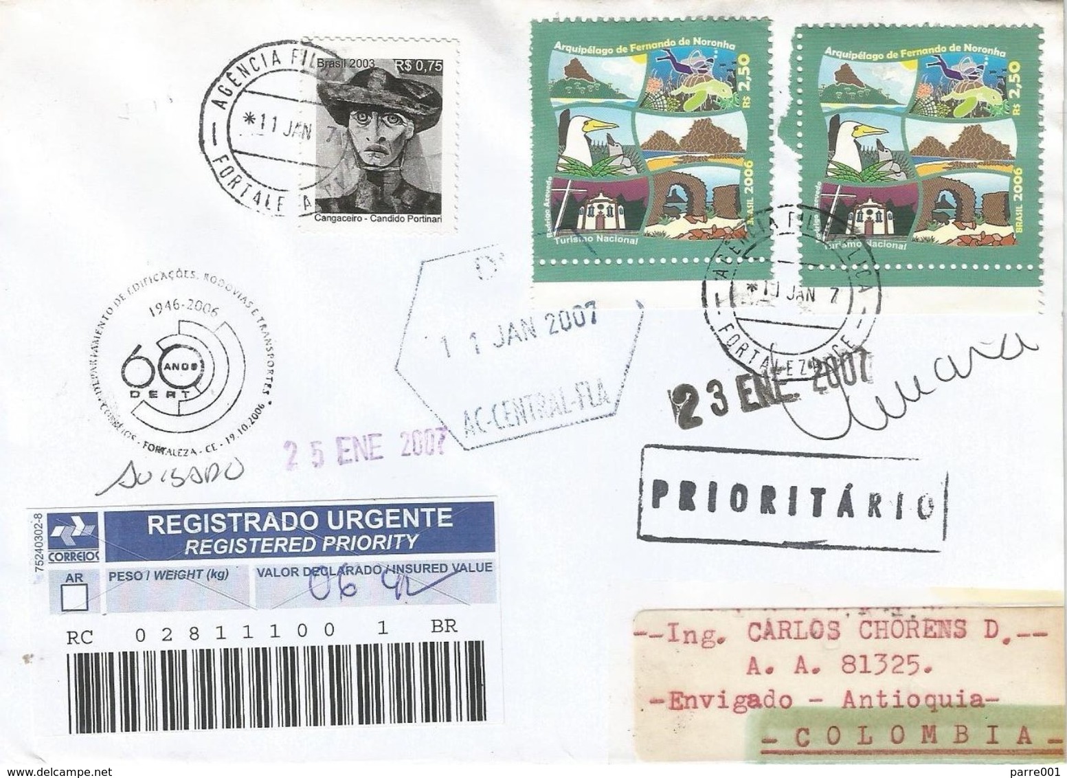 Brasil Brazil 2007 Fortaleza Archipel Noronha Handstamp 60 Years Road Transport Organisation Registered Cover - Brieven En Documenten