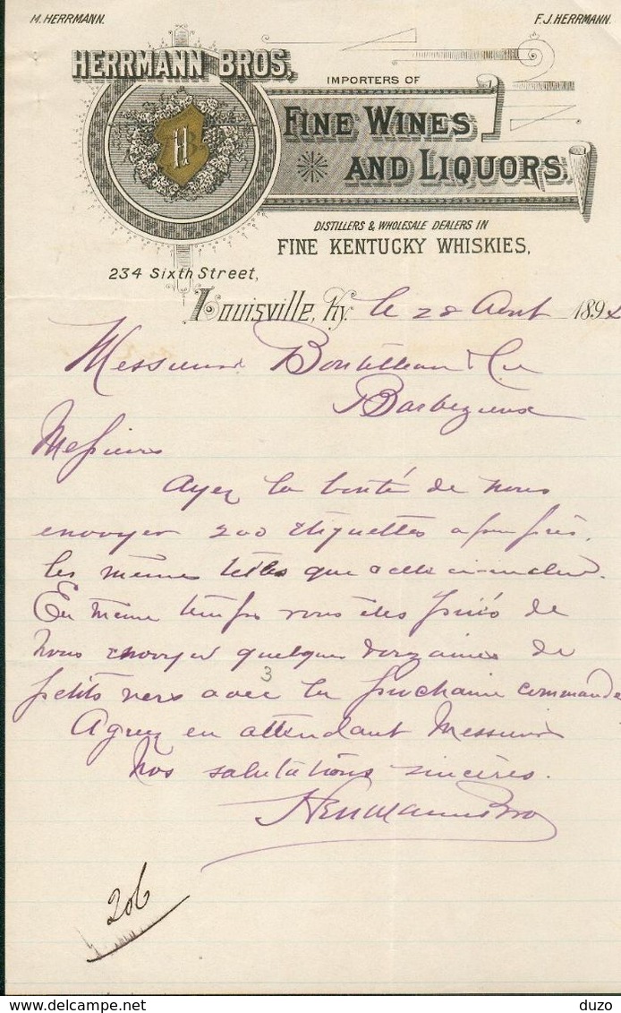 Etats Unis. Kentucky - Louisville -  Entête Du 28 Août 1894 - Herrmann Bros. Fine Wines And Liquors - Etats-Unis