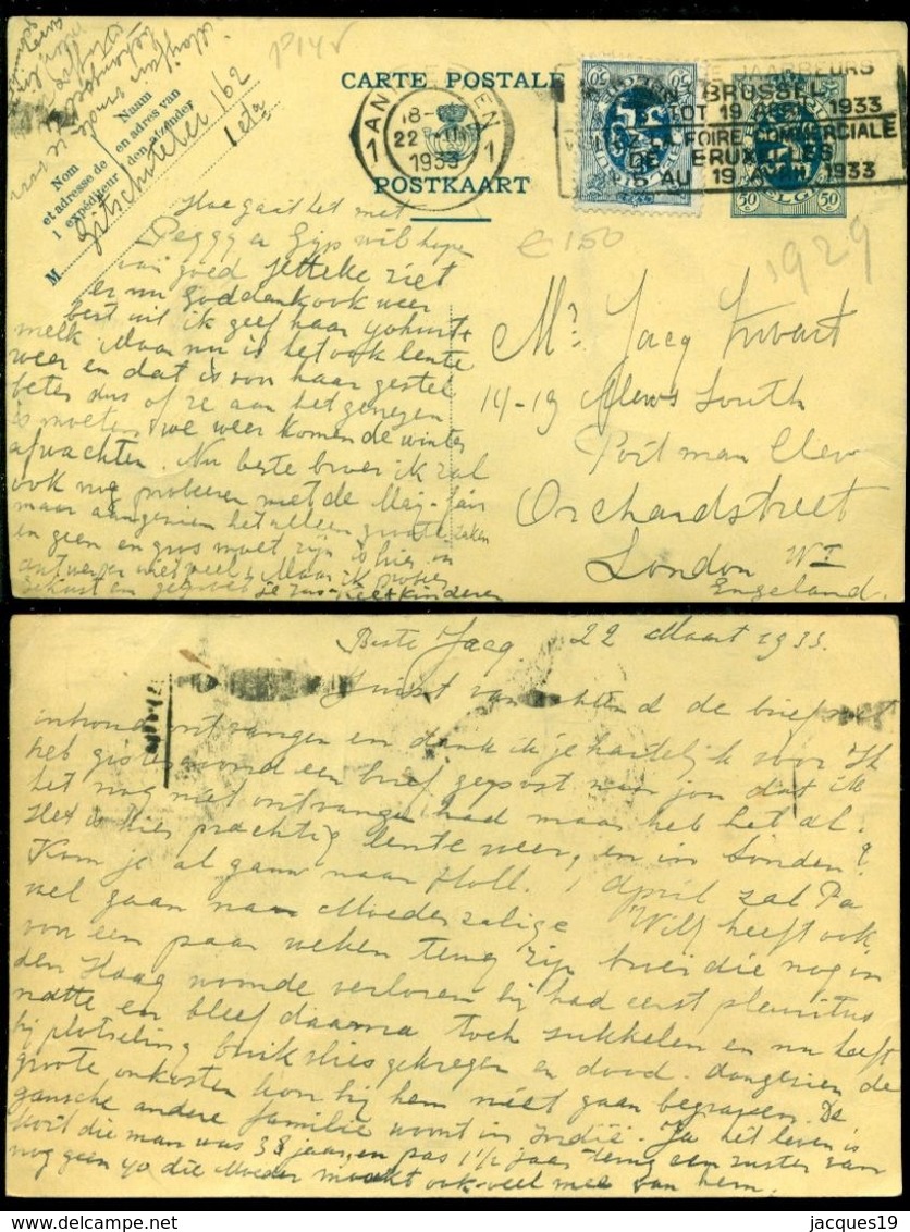 België 1933 Postkaart Met Bijgeplakt OPB 285 Van Antwerpen Naar Londen - Cartes Postales 1909-1934