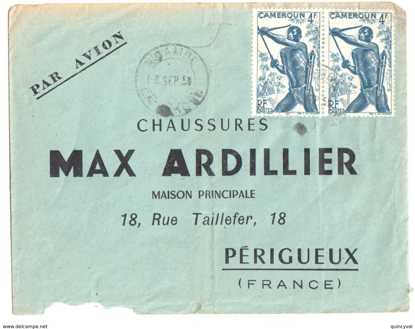 4409 N'GAMBE Cameroun Lettre Par Avion Dest Perigueux Ob 8 9 1959  4 F  Tireur à L'arc Yv 288 - Lettres & Documents