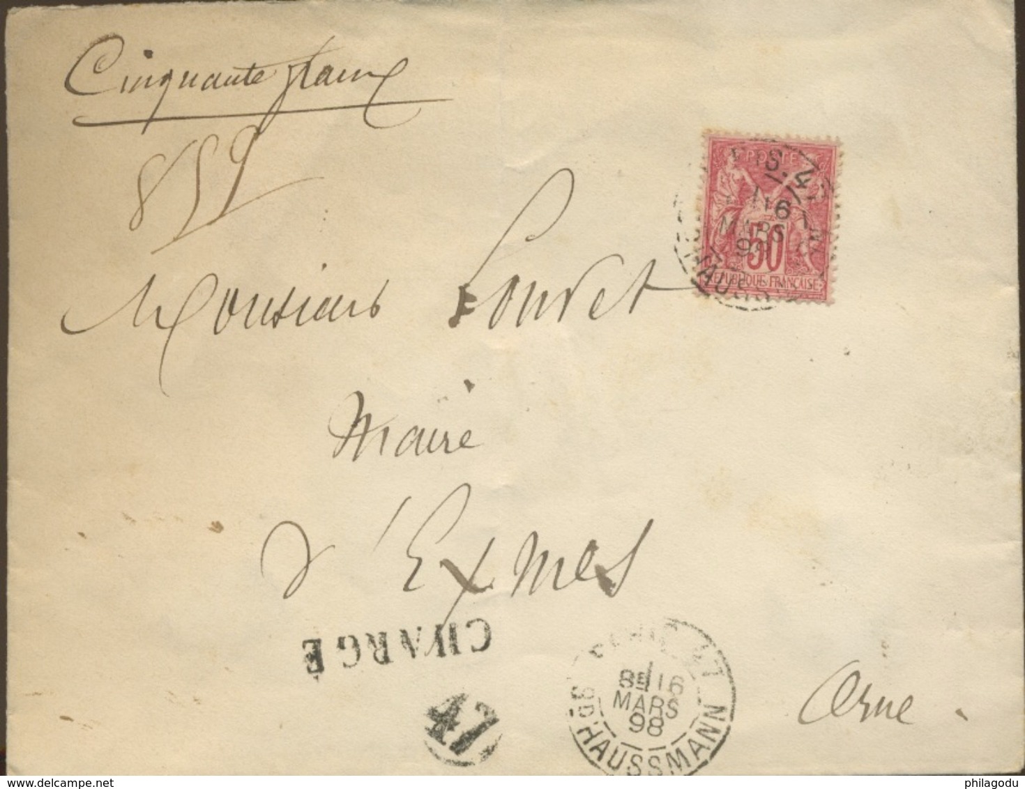 Lettre Chargée  SENAT  Affranchie Avec 50c - 1898-1900 Sage (Type III)