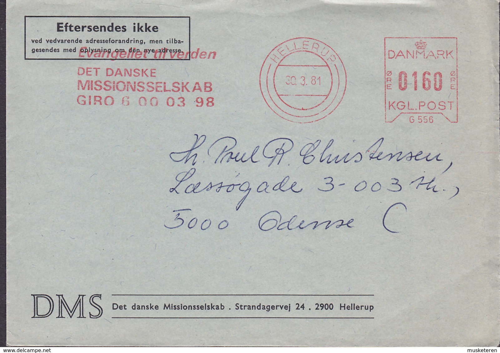 Denmark DMS Det Danske Missionsselskab HELLERUP 1981 Meter Cover Brief ODENSE - Briefe U. Dokumente