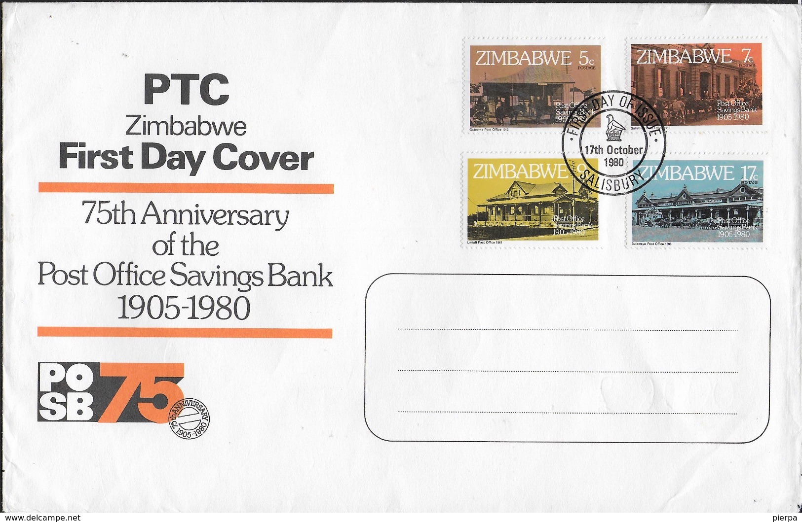 ZIMBABWE - BUSTONE F.D.C. - 75° ANNIVERSARY OF THE POST OFFICE SAVINGS BANK - 17/10/1980 - Zimbabwe (1980-...)