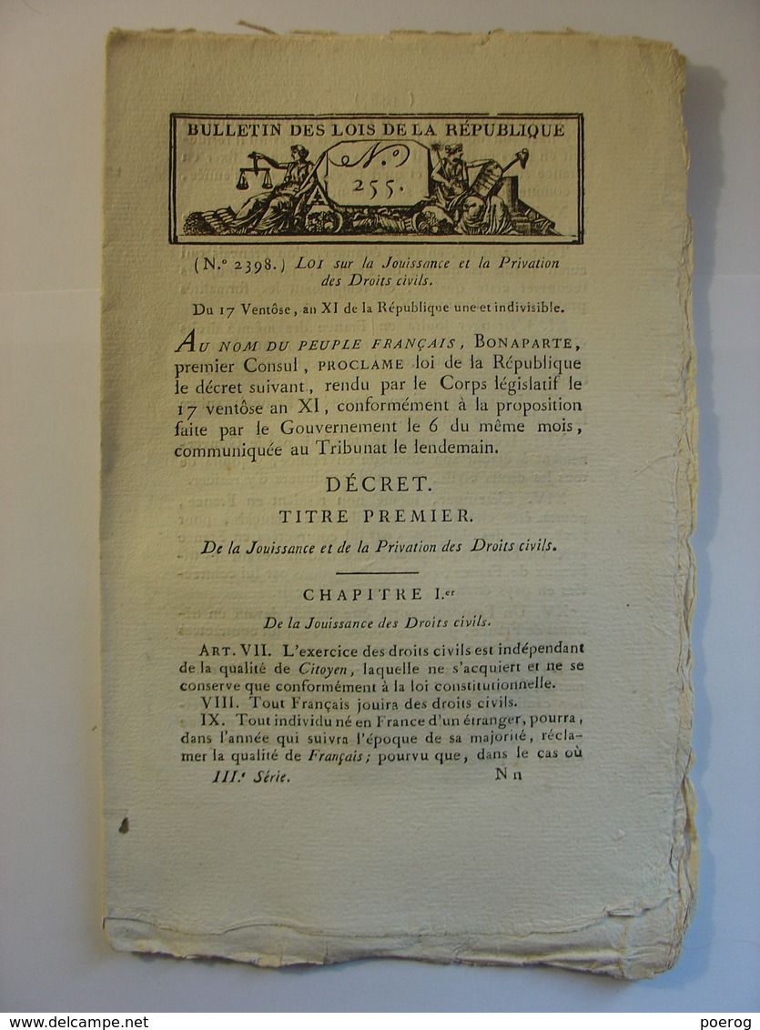 BULLETIN DES LOIS VENTOSE AN XI (MARS 1803) - CONSCRITS MARINE - ECOLE COUTANCES TOULON (VAR) NOYON (OISE) AUCH (GERS) - Decreti & Leggi