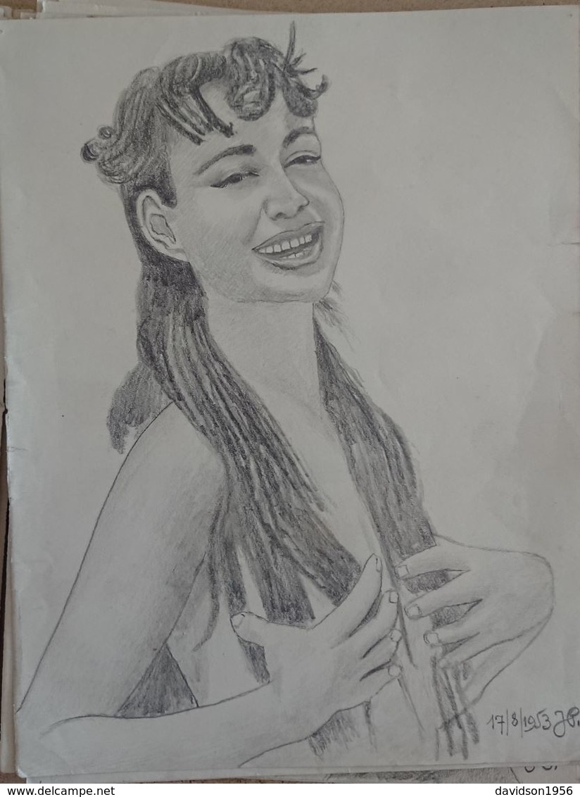 Dessin Au Crayon - Illustrateur Signé ,      Belle Femme Aux Cheveux Longs      (21 ) - Dessins