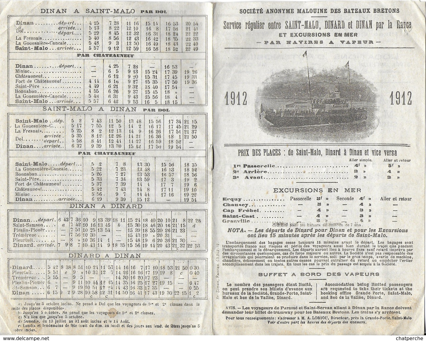 HORAIRES SERVICE RÉGULIERS ENTRE SAINT MALO DINARD ET DINAN PAR LA RANCE  1912 STE MALOUINE BATEAUX BRETONS - Europe