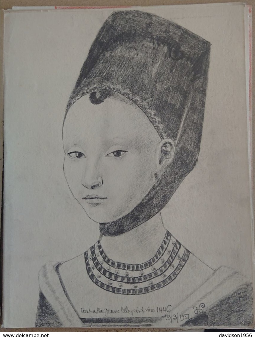 Dessin Au Crayon - Illustrateur Signé   -  Portrait D 'une Jeune Fille Peint Vers  1446          (22 ) - Dessins