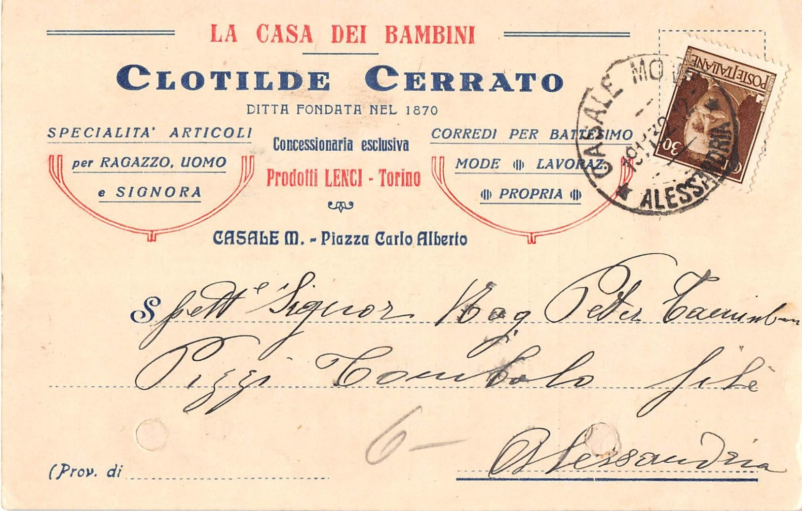 6033 ALESSANDRIA CASALE MONFERRATO CERRATO LA CASA DEI BAMBINI - Storia Postale