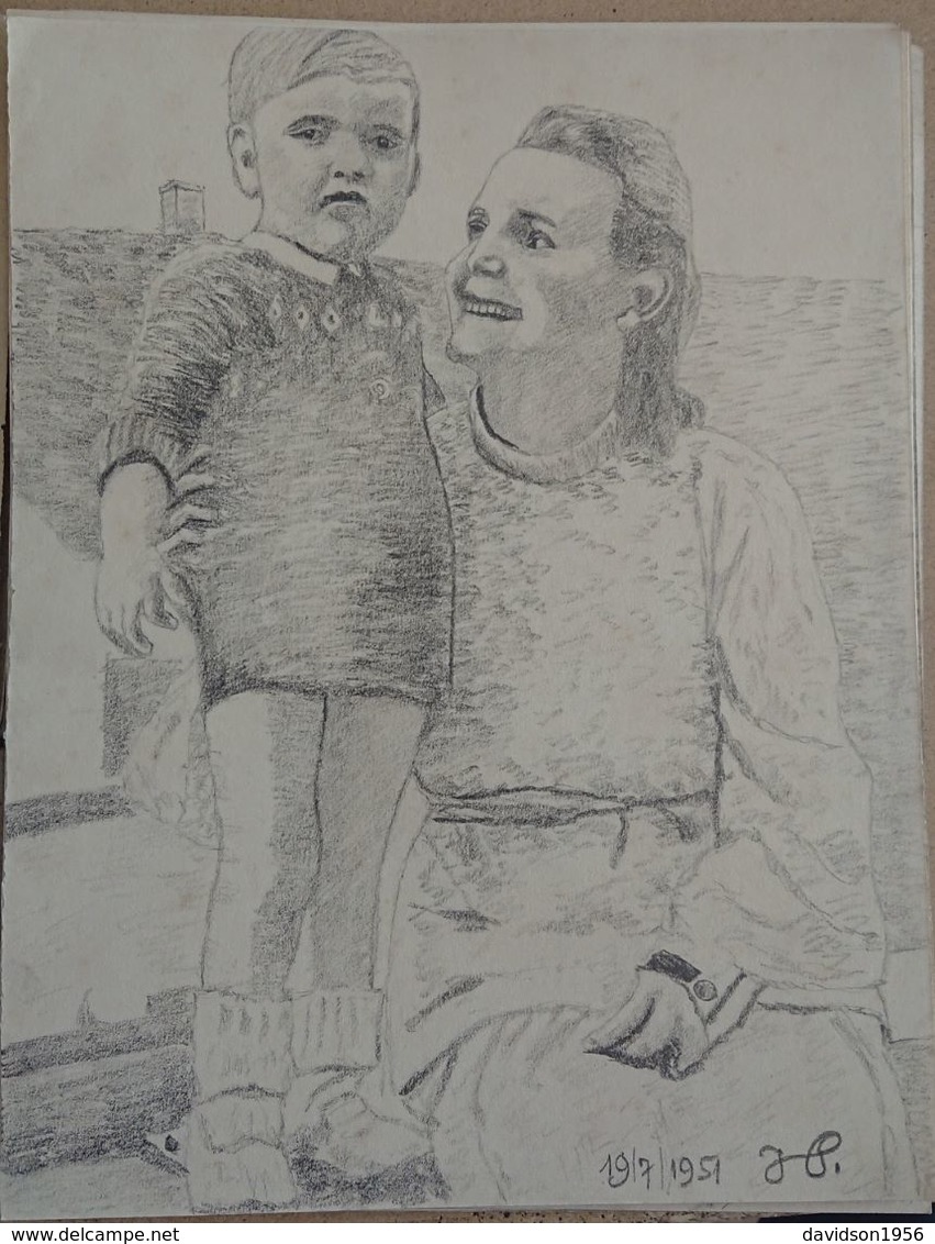 Dessin Au Crayon - Illustrateur Signé   - Maman Et Son   Enfants    1951      ( 23 ) - Dessins