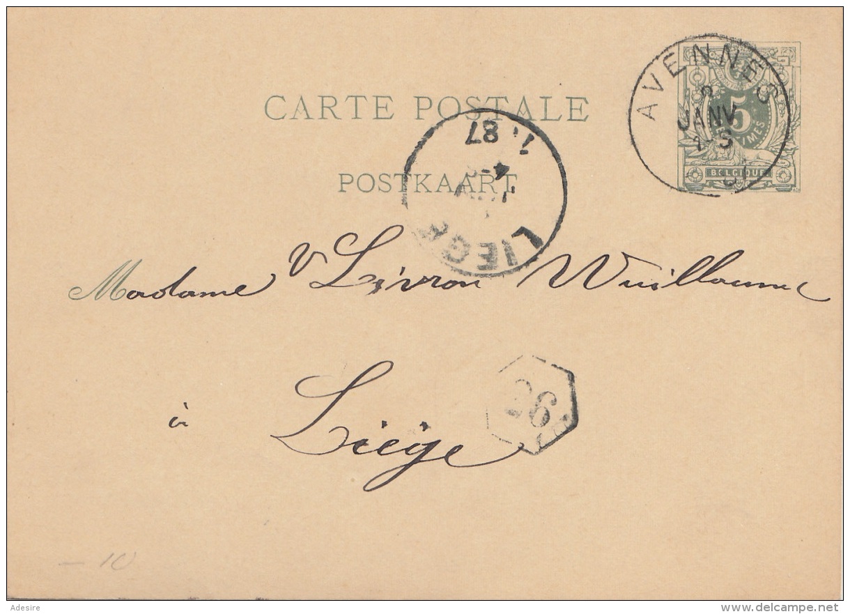 BELGIEN 1887 - 5 C Auf Pk Gel. Avenne N. Liege - 1869-1888 León Acostado