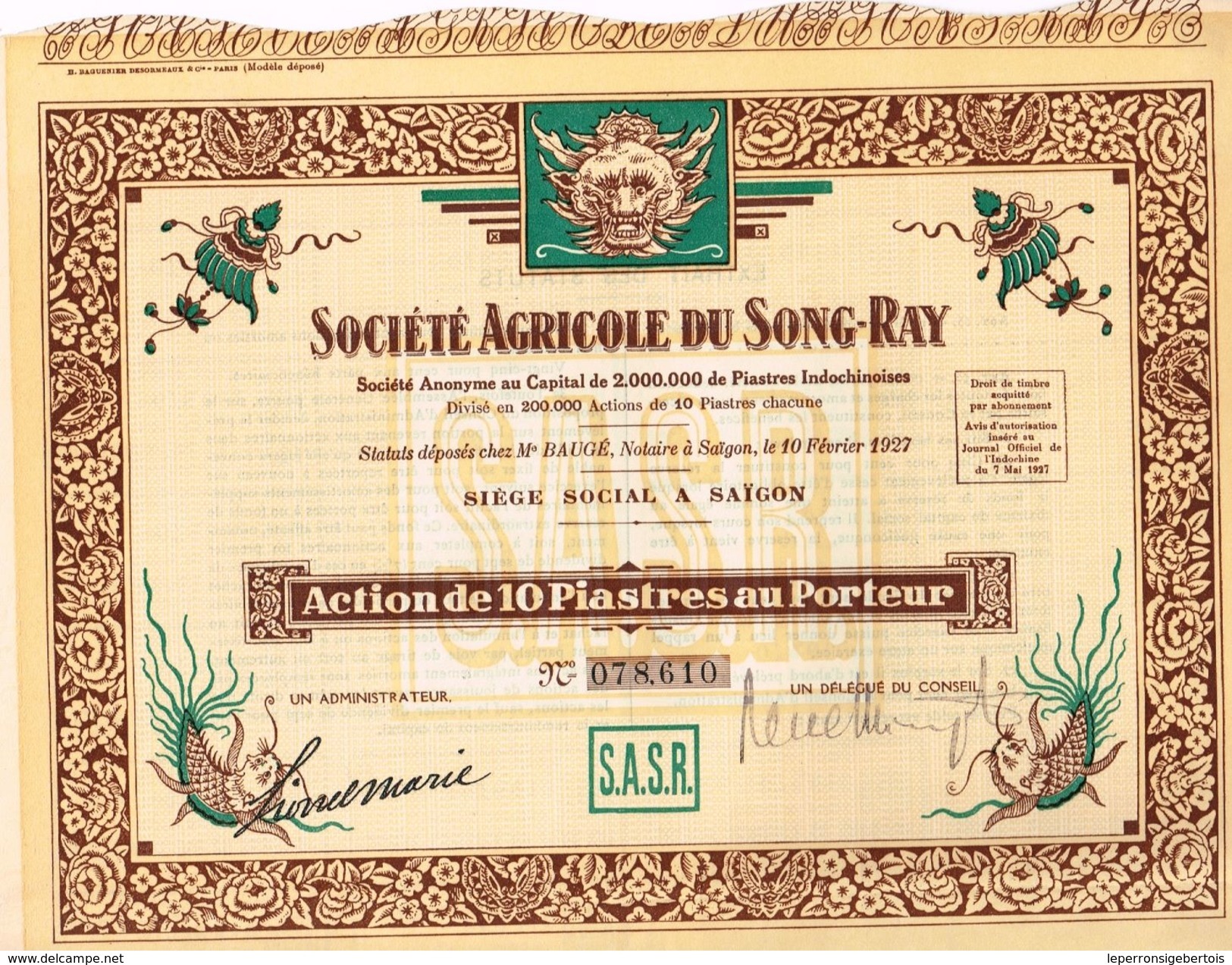 Ancienne Action - Société  Agricole Du Song-Ray - Tonkin - Indochine- Titre De 1927 - Agriculture