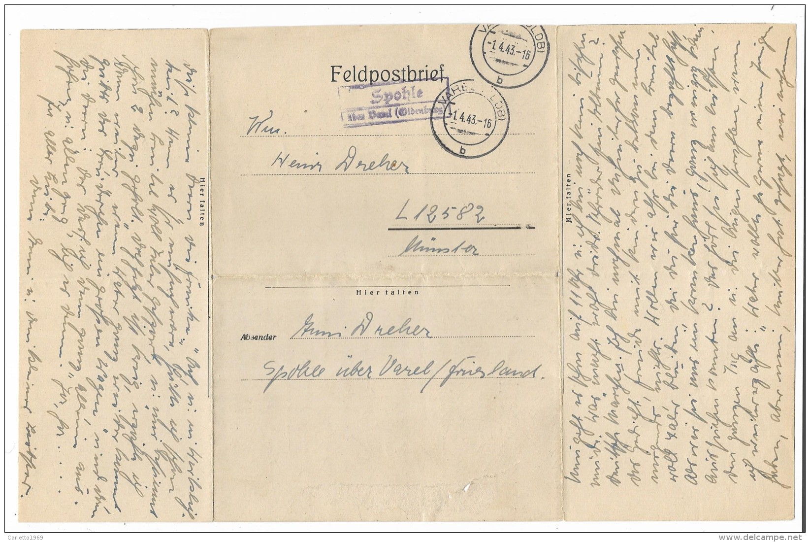 FELDPOSTBRIEF SPOHLE 1943 - Documenten