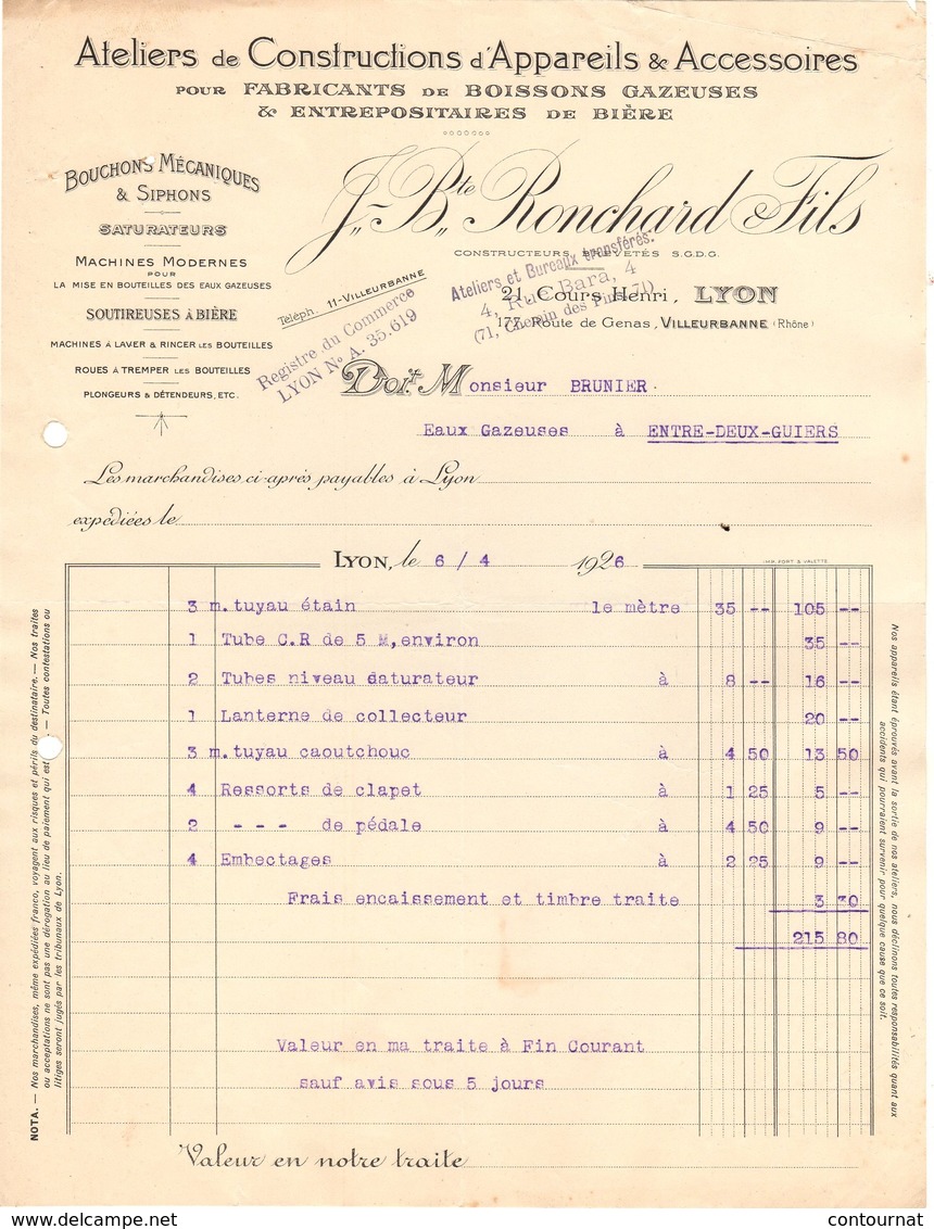 69 LYON  FACTURE 1926 Ateliers De Constructions D' Appareils Pour Fabricants De Boissons Gazeuses Bière RONCHARD  * Z80 - 1900 – 1949