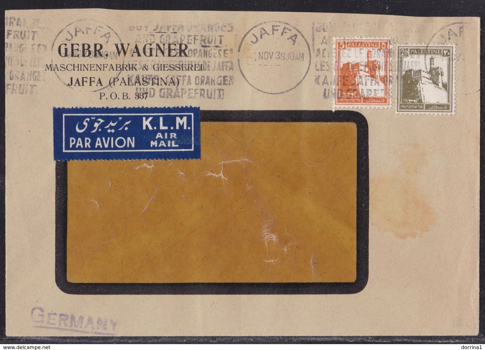 Jaffa Palestine Israel 1938 Cover British Mandate K.L.M. Air Mail - GEBR. WAGNER - Palestine