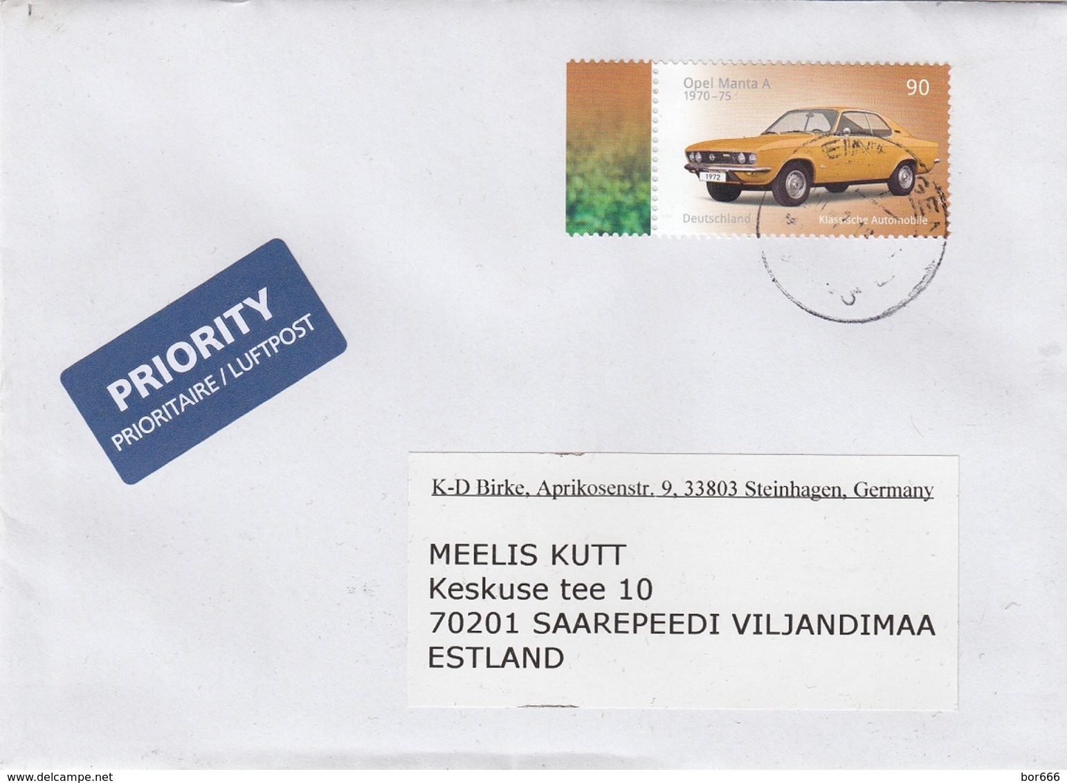 GOOD GERMANY Postal Cover To ESTONIA 2018 - Good Stamped: Car / Opel Manta A - Covers & Documents