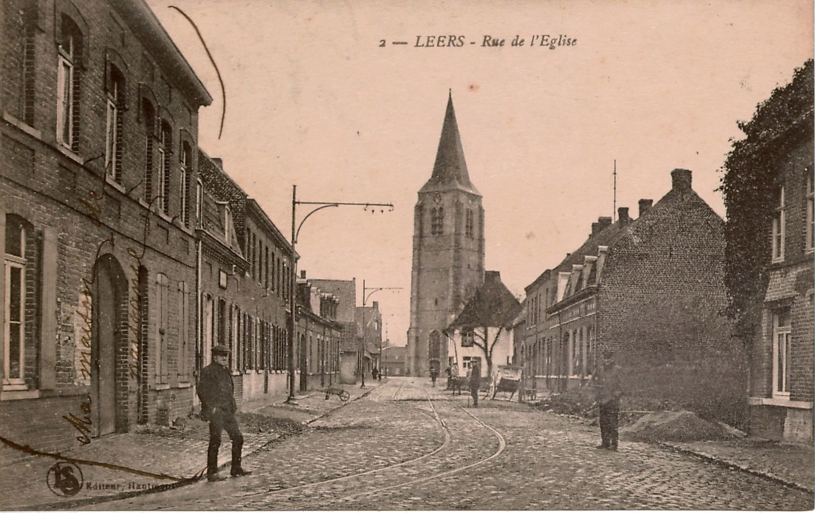 Cpa 59 LEERS  Rue De L'Eglise , Animée, Rails Du Tram , Peu Courante - Autres & Non Classés