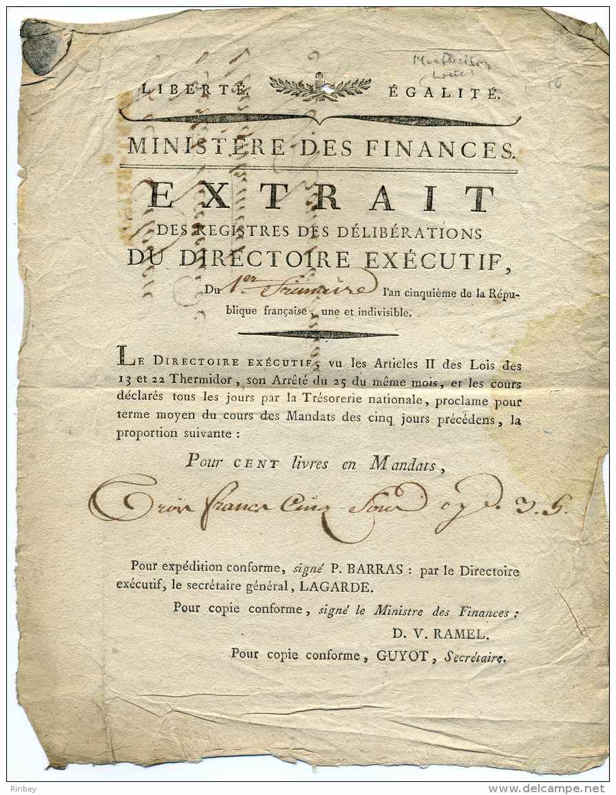 Révolution Française / Ministère Des Finances  Avec MP 88 MONT BRISON  Dept De La Loire /  1er Frimaire An 5 - 1701-1800: Précurseurs XVIII