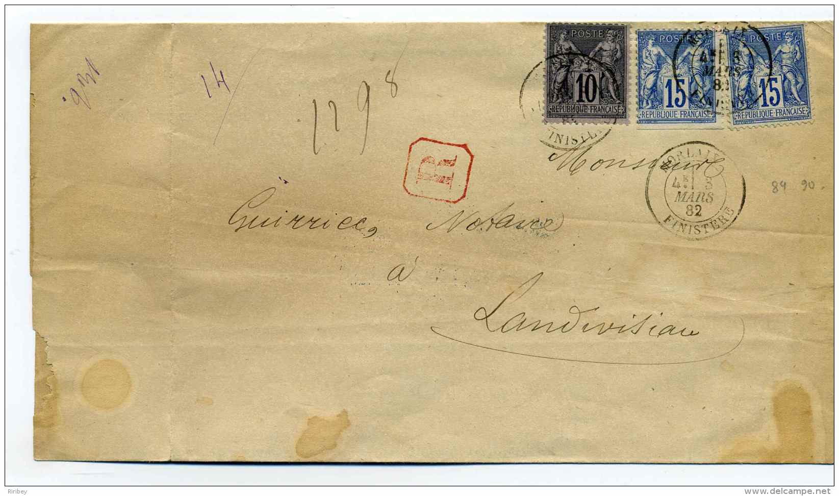 Lettre Recommandée Avec T18 MORLAIX / Dept Du Finistère/  Sur TP Au Type SAGE YT N°89+90 / 1882 - 1877-1920: Période Semi Moderne