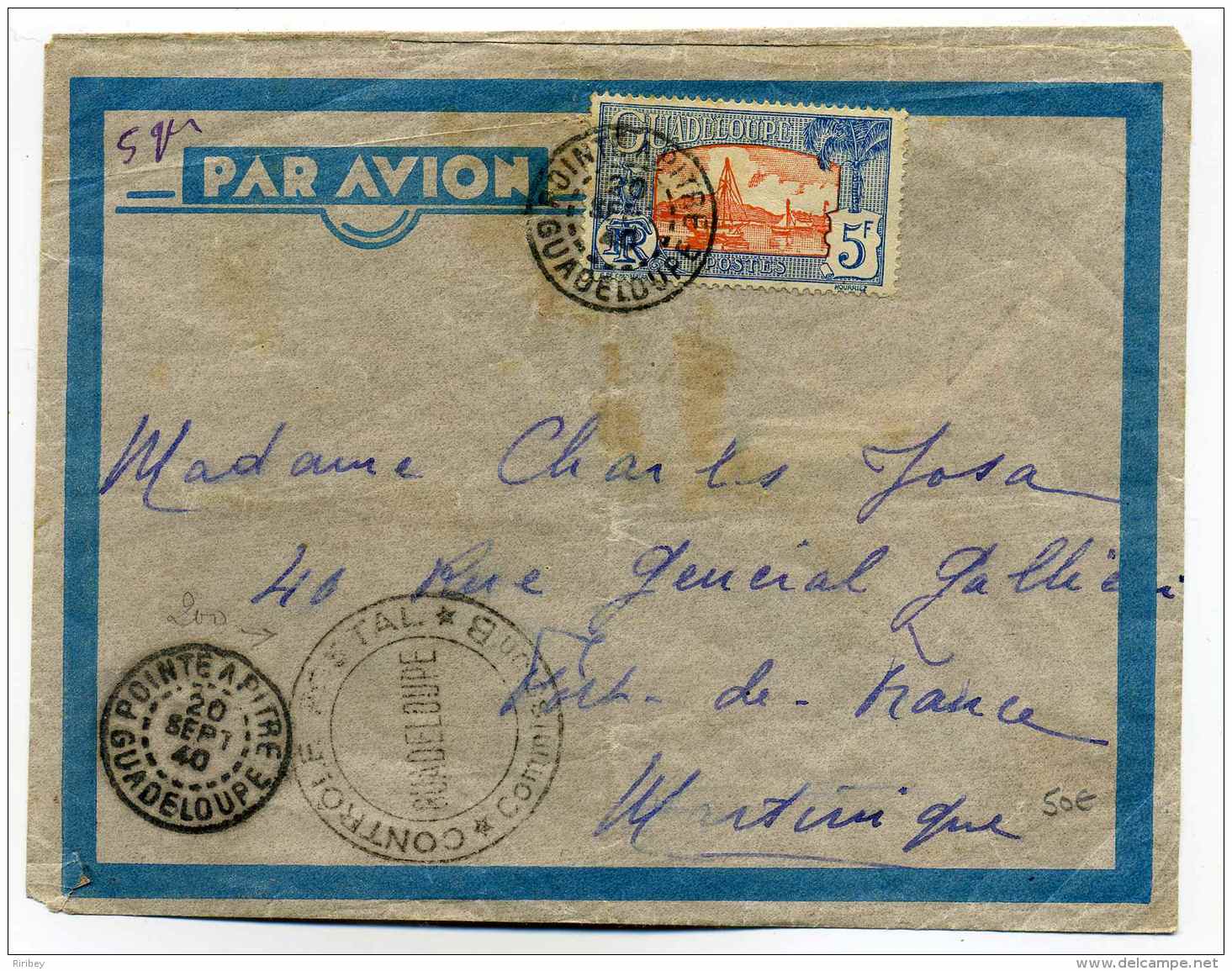 Lettre De POINTE A PITRE + Cachet CONTROLE POSTALE Commission B GUADELOUPE / 20 Sept 1940 - Storia Postale