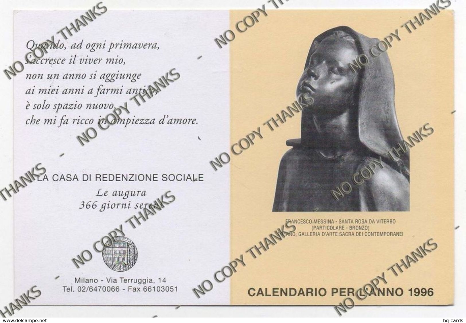 Calendario Anno 1996 - Santa S. Rosa Da Viterbo  - Santino Holy Card - Images Religieuses