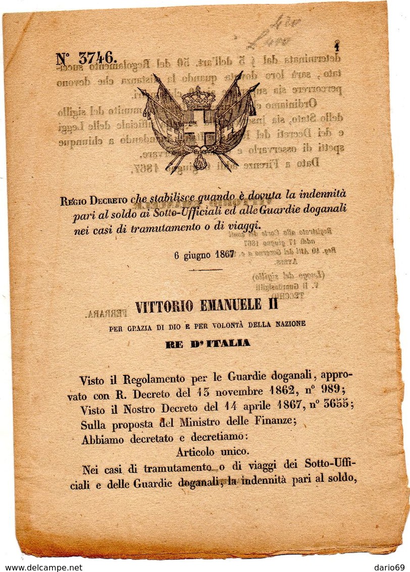 1967 DECRETO CHE STABILISCE QUANTO E' DOVUTA LA INDENNITÀ  AI SOTTO UFFICIALI  ED ALLE GUARDIE DOGANALI - Decretos & Leyes