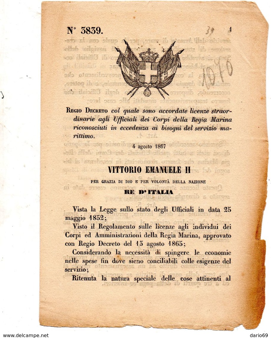 1867 DECRETO COL QUALE  SONO ACCORDATE LICENZE AGLI UFFICIALI DELLA MARINA - Decreti & Leggi