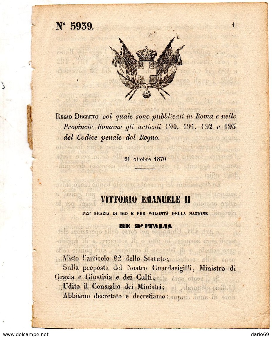 1870  DECRETO  ROMA - Decreti & Leggi