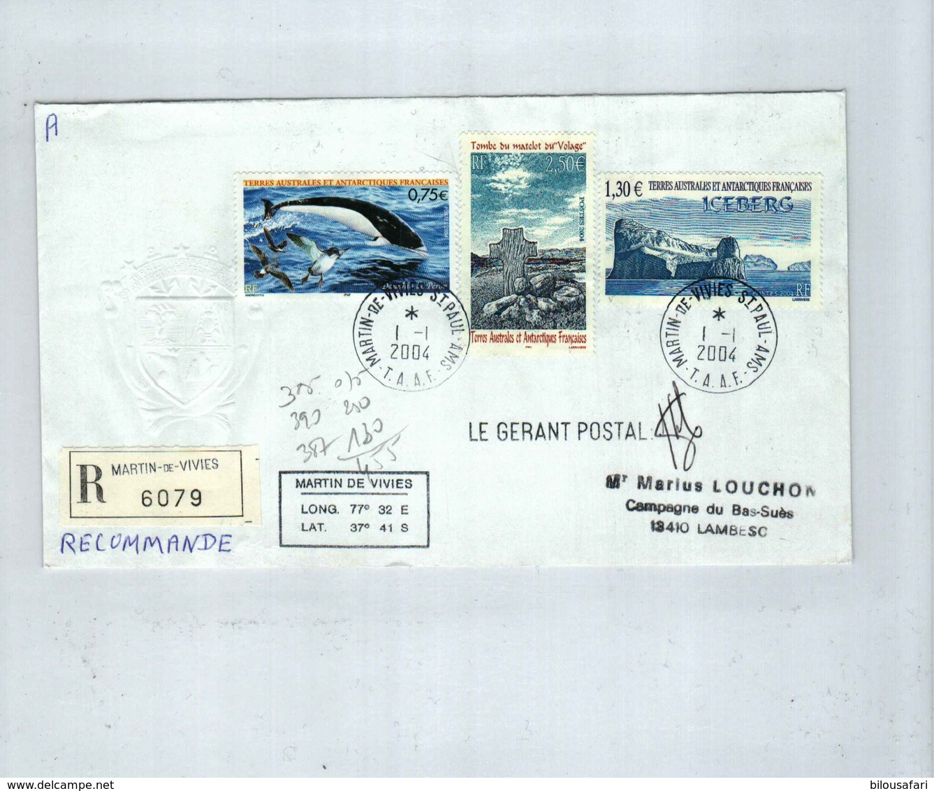 TAAF Sur Rec :N° 385-387-390 Obl MARTIN DE VIVIES  1/1/2004 SIGNATURE DÜ GERANT POSTAL - Covers & Documents