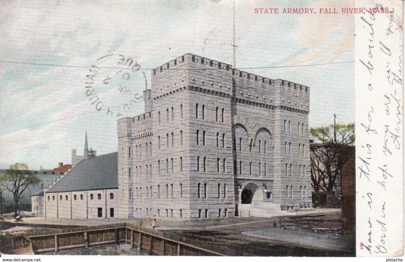 Antique 1907 Postcard - Fall River Massachusetts MA - State Armory - Undivided Back - Written - Stamp Postmark - 2 Scans - Fall River