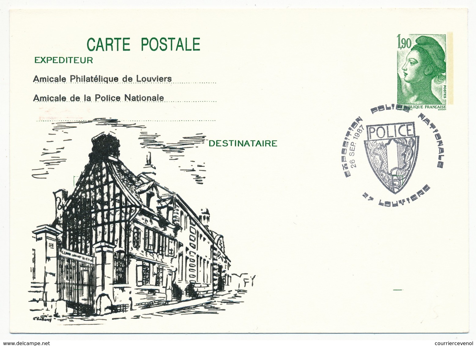 FRANCE - Entier Repiqué - 1,90 Liberté - Amicale Philatélique De Louviers - Police Nationale - 1987 - Overprinter Postcards (before 1995)