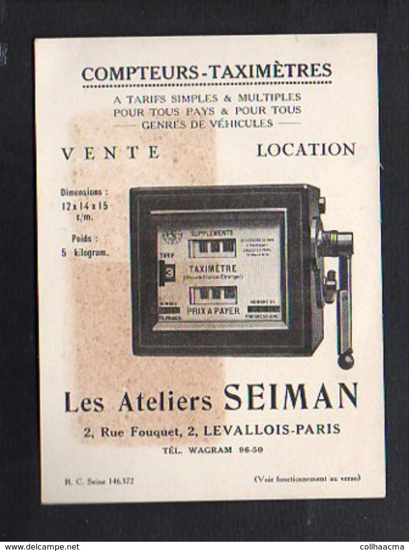 Carte De Visite Publicitaire / Compteurs,Taximètres "Les Ateliers Seiman " Rue Fouquet à Levallois-Paris - Visiting Cards