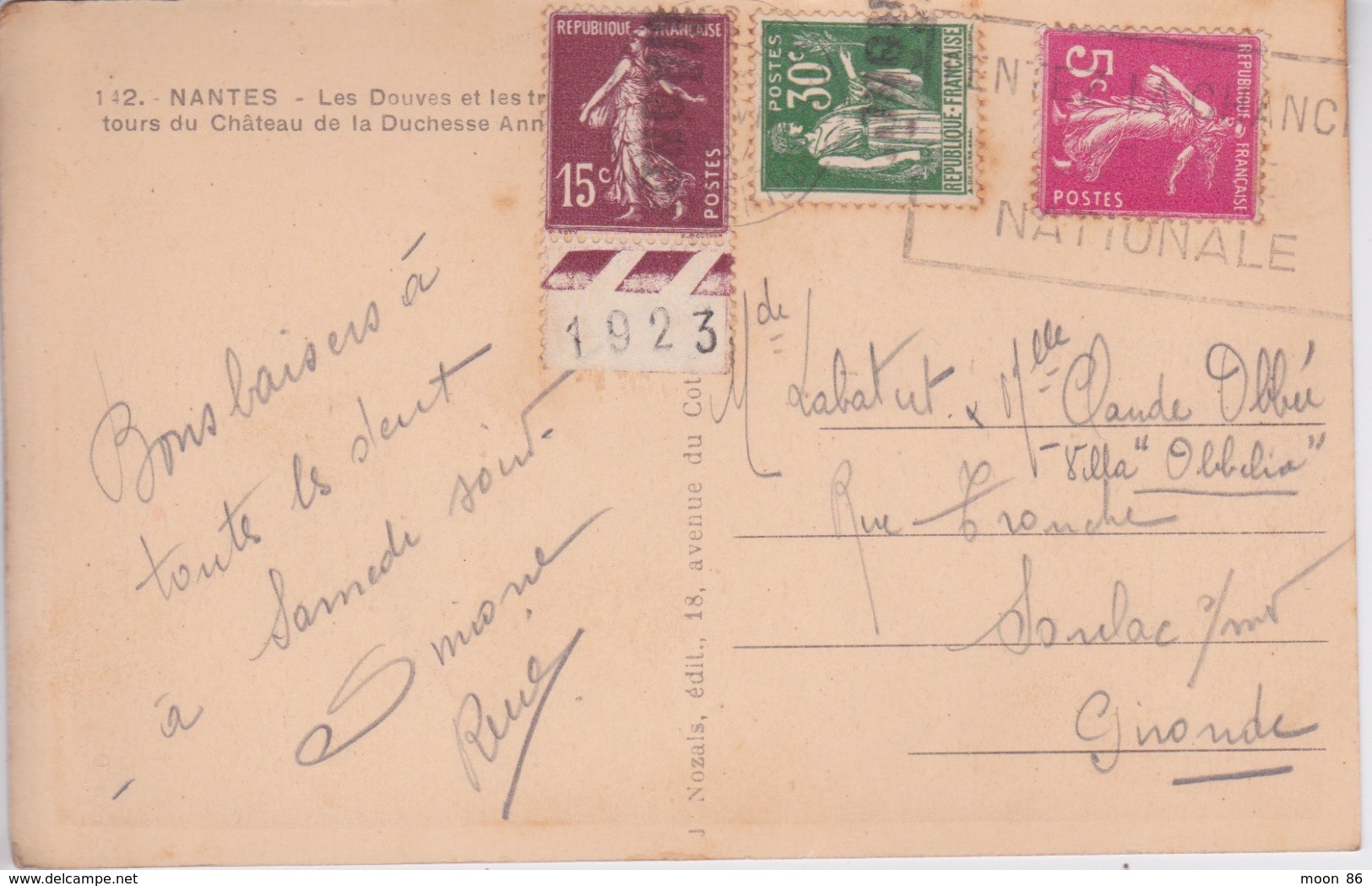 1923 - TIMBRE SEMEUSE AVEC DATE ET CACHET GIRONDE  SUR CPA - NANTES - Cartas & Documentos