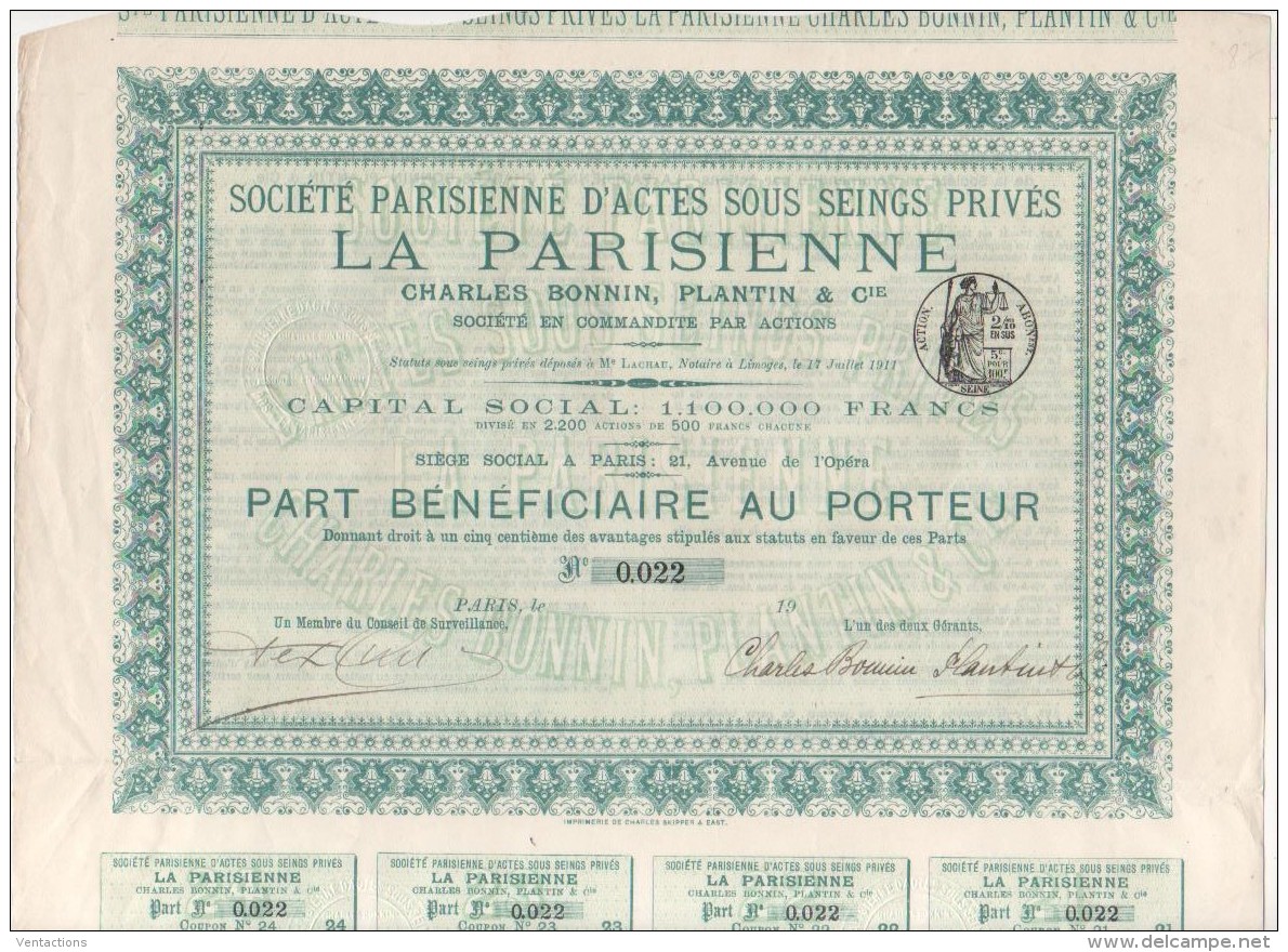 87-PARISIENNE D'ACTES SOUS SEINGS PRIVES. Charles BONNIN,PLANTIN &amp; Cie LIMOGES - Andere & Zonder Classificatie