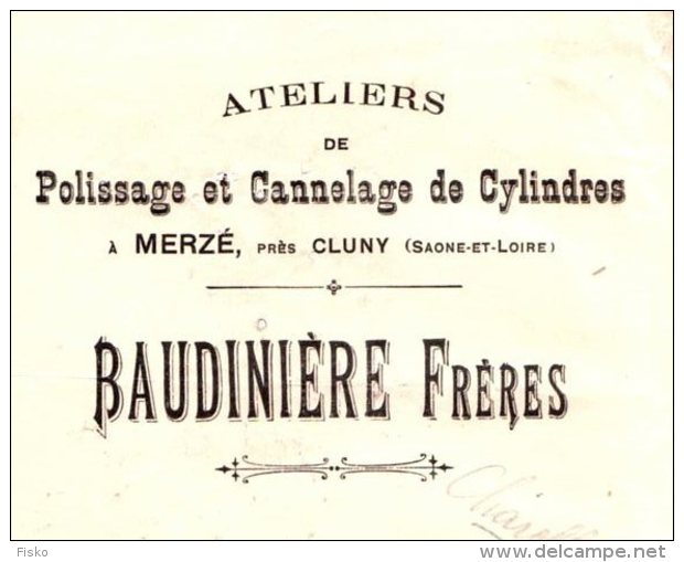 BAUDINIERE  Polissage &amp; Cannelage De Cylindres  Merzé Près CLUNY  (Saone &amp; Loire)  1910 - Lettres De Change